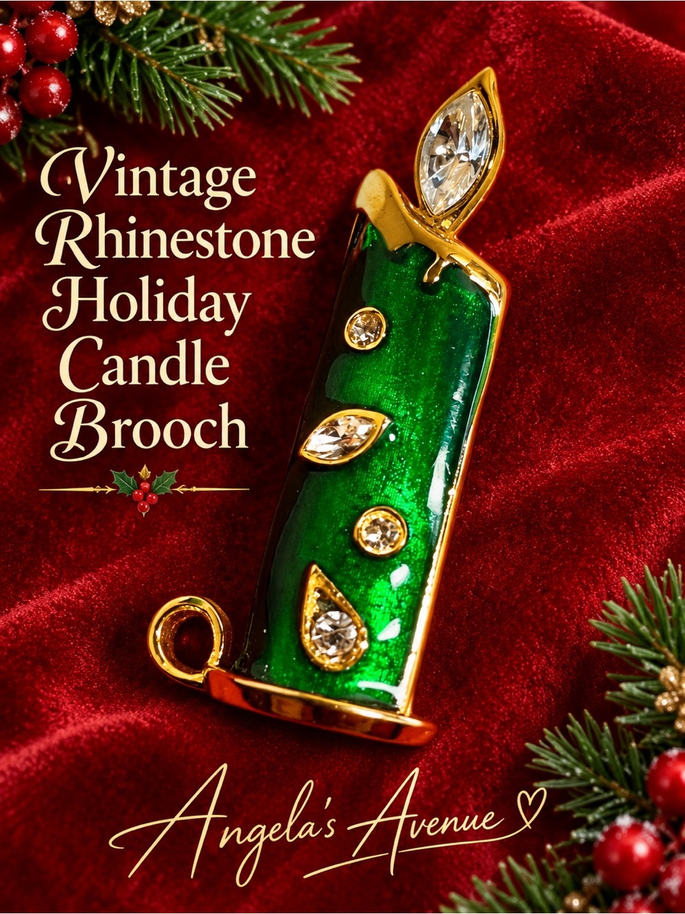 Vintage Rhinestone Holiday Candle Brooch NEW